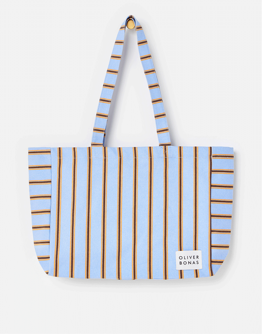 Blue & Brown Striped Logo Fabric Tote Shopper Bag